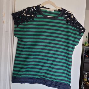 Moncler Green and Black Striped Top with Star Lace Sleeves
